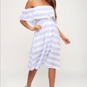 Lulus Blue & White Off the Shoulder Midi Dress
